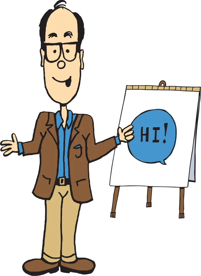 Cartoon of Shawn Doyle waving hi beside a flip chart